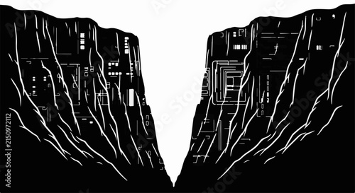Futuristic city carved into dark, imposing canyon walls under bright sky.