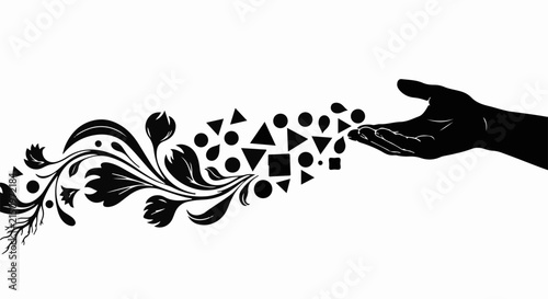 Hand releasing creative shapes and floral elements into a flowing abstract design
