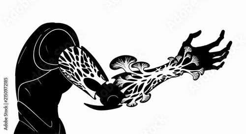 Eerie transformation of a shadowy figure's arm into organic, glowing tendrils and mushrooms