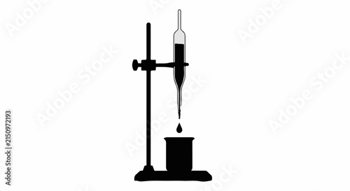 Laboratory titration experiment with liquid dropping from a burette into a beaker.