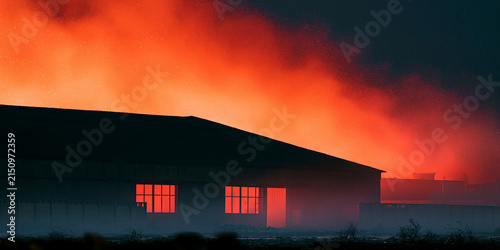 A warehouse engulfed in flames, with a fiery orange glow illuminating the windows and smoke billowing into the night sky