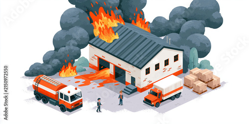 An illustration depicting a warehouse engulfed in flames, with firefighters and trucks responding to the emergency. Smoke billows from the burning building.