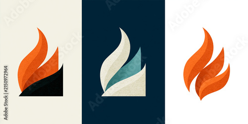 Three abstract fire flame logo designs in different color palettes. Each logo features stylized, upward-pointing flames with a distinct base structure. The designs convey energy, passion.