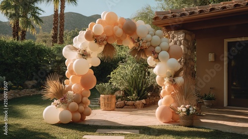 Bohemian outdoor baby shower or birthday celebration setup in a garden with a creative gender neutral balloon arch in white cream peach and caramel tones
