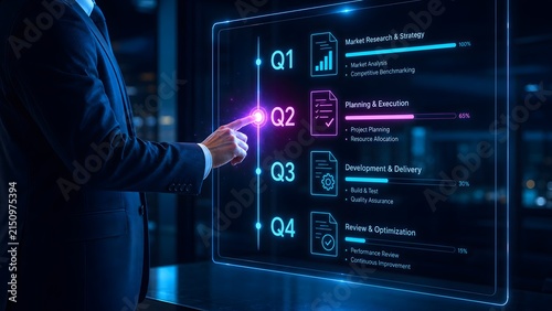 Professional interacting with a vibrant holographic interface, meticulously managing a detailed quarterly business plan from market strategy to project execution.