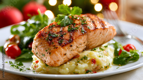 Grilled salmon fillet served with mashed potatoes and fresh green salad on a white plate against a festive christmas background