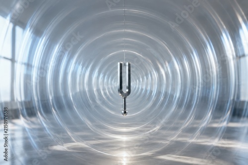Metal tuning fork suspended in a clear cylindrical chamber with reflective surfaces and soft lighting creating concentric circular patterns
