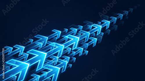 Abstract blue glowing arrows pointing upwards and forwards on a dark digital background representing progress and future technology concepts