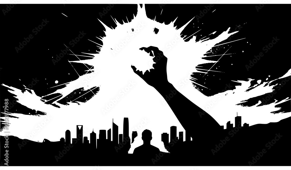 Naklejka premium Giant Monster Silhouette Attacking City With People Watching, Black And White Vector Illustration For Movie Poster And Kaiju Design