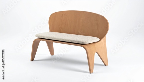 Modern wooden bench with curved backrest and cushioned seat