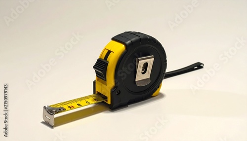 Yellow and black tape measure extended on neutral surface