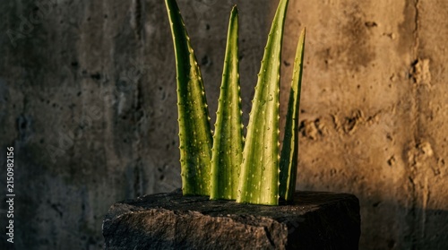 Closeup of Aloe Vera Plant with Water Droplets on Textured Background.
