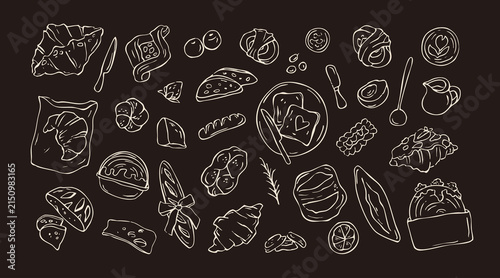 Hand drawn bakery and breakfast doodle set on dark background chalk illustration