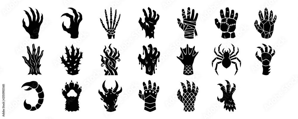 Obraz premium Collection of various fantasy creature hand silhouettes including monster claws skeleton hands and mythical beast appendages