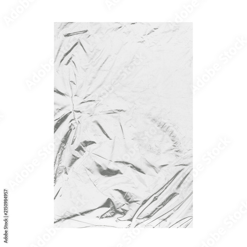Rectangular silver aluminum foil sheet with soft diagonal creases on white background, metallic texture isolated
