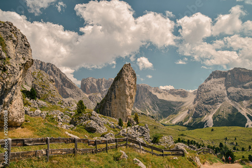 Bild auf Leinwand Sass Rigais mountain landscape with hiking trail in Dolomites, Italy