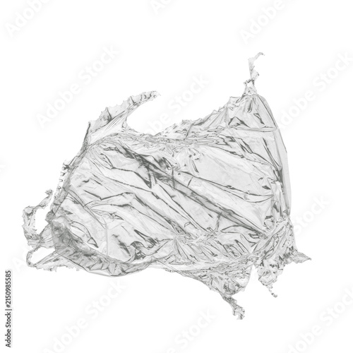Crumpled silver aluminum foil dynamic splash-like shape with flowing folds on white background, metallic abstract texture isolated