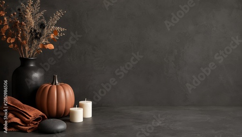 Halloween sale banner background showcasing atmospheric autumn decor, vase, and warm candlelight