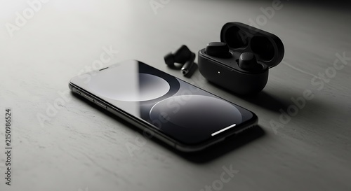 Modern black wireless earbuds and smartphone on desk. Tech accessories lifestyle composition. Gadgets for music, work, and communication. Minimalist photography with copy space.