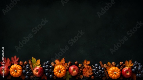 Halloween sale banner background with autumn produce, pumpkins, apples, grapes, and copy space for ecommerce retail