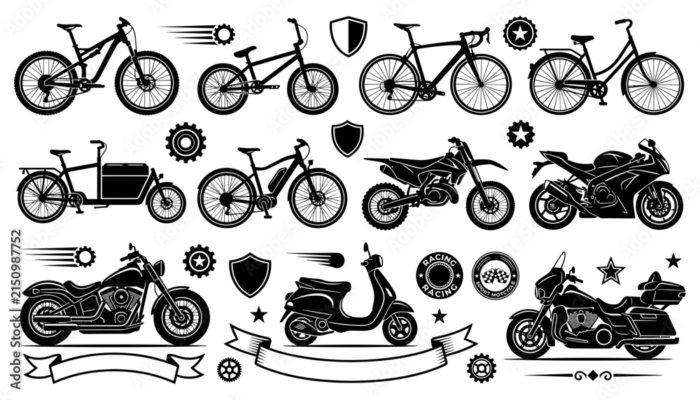 Fototapeta premium Bicycles and Motorcycles Vector Icon Set Featuring Mountain Bike Electric Bicycle Scooter Chopper and Sportbike