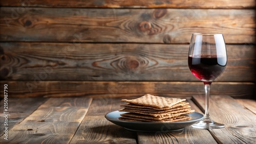 Rustic wooden table setting with unleavened bread and a glass of red wine
