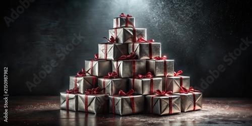 A Festive Pyramid of Gleaming Gifts with Crimson Ribbons, a Symbol of Generosity and Celebration