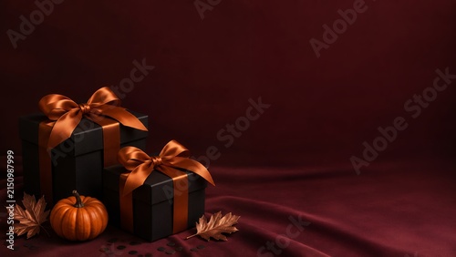 Halloween sale banner background with luxury black gift boxes, satin ribbons, pumpkin, and leaves on burgundy surface