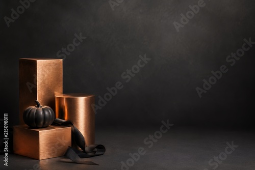 Halloween sale banner background with metallic copper podiums and black pumpkin for shopping