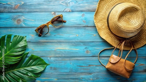 Tropical Vacation Essentials Sunglasses, Straw Hat, and Leather Handbag on a Blue Wooden Background