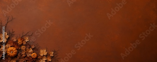 Halloween sale banner background with minimalist autumn foliage and small pumpkins on dark brown base