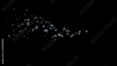 2D White fairy dust sparkle animation with glowing star trails, twinkling glitter particles, magical light streaks and elegant festive transition effect on black background in seamless 4K and UHD