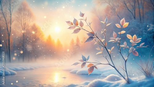 Serene Winter Landscape Frost-Kissed Branches, Golden Hour Glow, and a Tranquil Frozen River