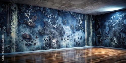Empty Room with Textured Wall Featuring Dark Blue and White Abstract Design