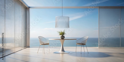 Serene Coastal Minimalist Dining Area with Ocean View and Modern Pendant Light