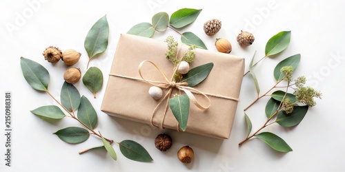 A thoughtfully wrapped gift, adorned with natural elements and twine, rests on a pristine white background, surrounded by sprigs of eucalyptus and decorative acorns.