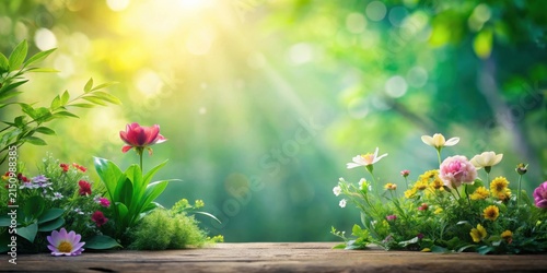 Vibrant Spring Blossoms on Rustic Wooden Surface with Sunlit Garden Backdrop