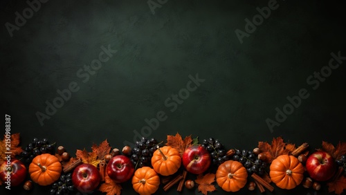 Halloween sale banner background with seasonal autumn fruit arrangement along bottom edge and generous copy space