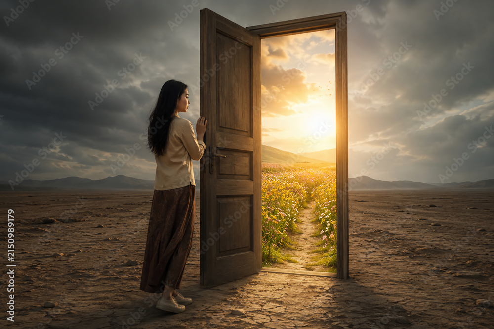 Fototapeta premium woman opening a wooden door in a barren desert leading to a bright sunny field with green path concept