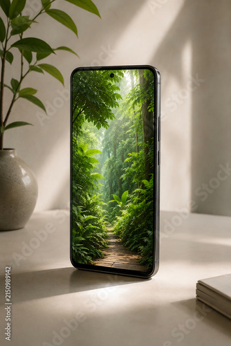 smartphone on desk with beautiful green nature forest wallpaper