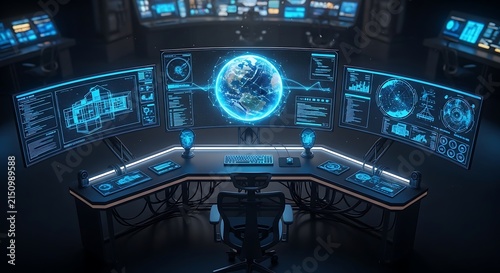 Futuristic Cyberpunk Command Center Control Room with Blue Holographic Globe Display and Multiple Data Screens in Dark Sci-Fi Mission Room Setting