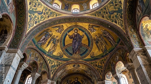 Byzantine mosaic depicting a religious figure ascending in a golden cathedral dome.