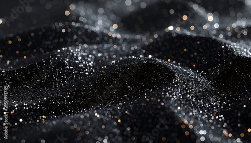Abstract dark shimmering waves with scattered golden and silver bokeh lights, moody and luxurious, perfect for festive backgrounds