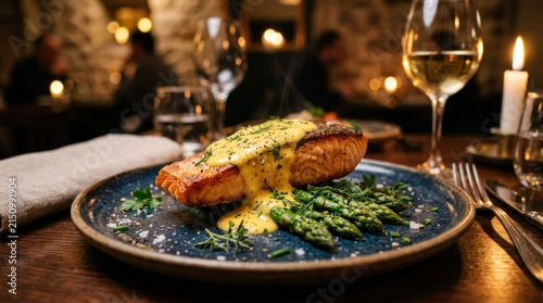 Gourmet Salmon Fillet Served with Asparagus and Rich Sauce in Elegant Restaurant Setting.