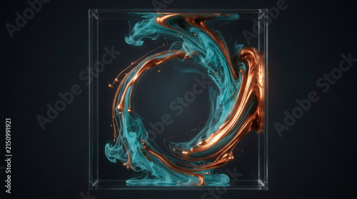 Abstract Teal and Copper Ink Swirl in Glass Cube