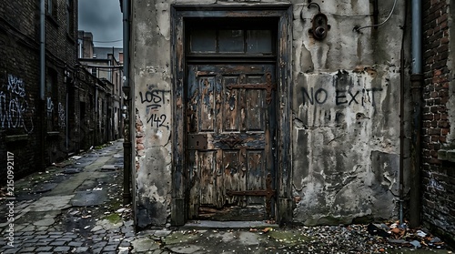 Old weathered wooden doorway in a dark urban alleyway with graffiti and peeling paint.