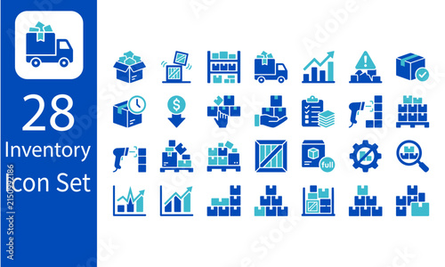 Logistics and warehouse inventory icon set featuring 28 blue stock management truck and supply chain vectors