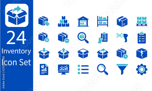 Warehouse inventory management icon set featuring 24 blue vector symbols for packaging stock and logistics