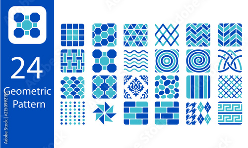 Geometric seamless pattern vector icon set featuring 24 blue mosaic tile and decorative floor designs