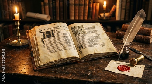 Open antique manuscript on wooden desk with quill pen and wax seal in candlelit library